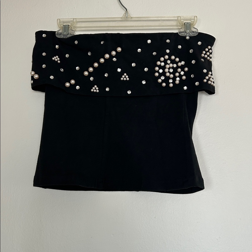 Vintage Black Strapless Top with Pearl and Rhinestone Embellishments Size Medium - Picture 3 of 3